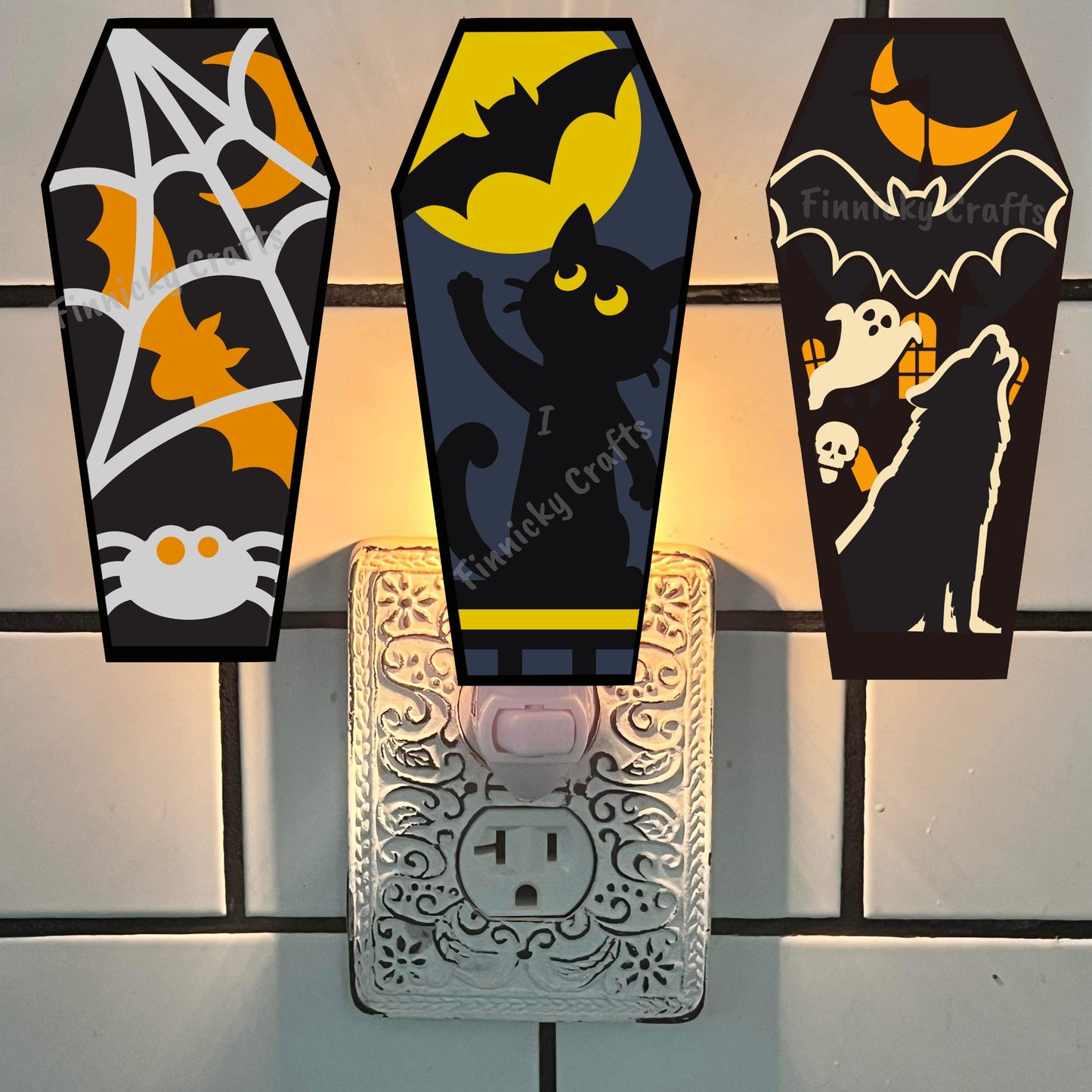 Halloween Fall Autumn Sublimation Digital Design Bundle - Coffin, Black Cat, Spider, Wolf, PNG, Bag charms, Night Light, earrings, sign