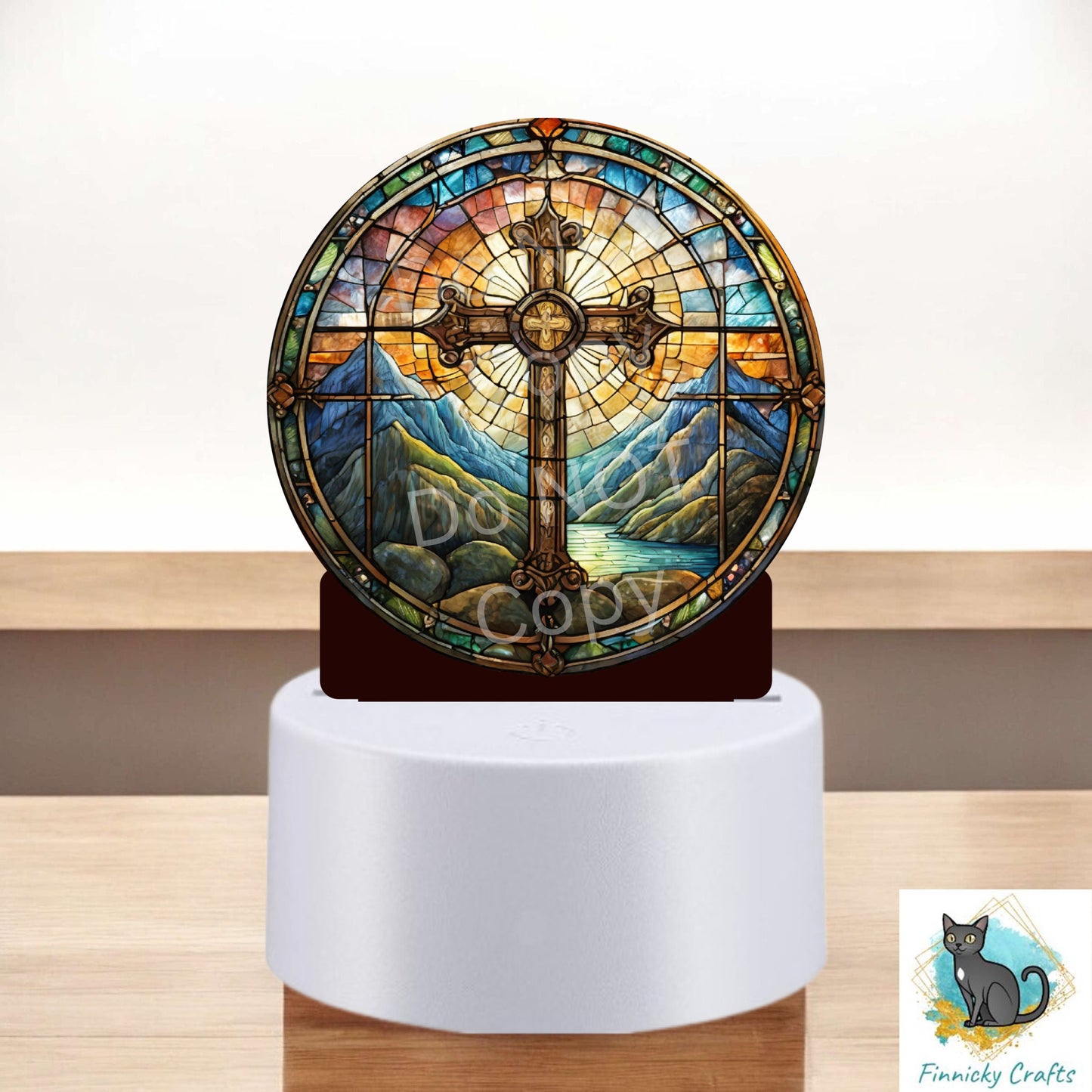 Christmas Stained Glass Cross, Round, Sublimation, Digital, PNG Design, Acrylic, Light Base, Night Light