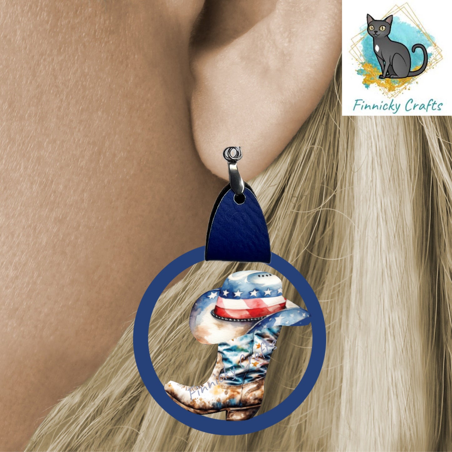 Leather Cowboy Hat & Boot Shape, Western, Jewelry, Patriotic, Rose, Light Blue, Cute, Sublimation, PNG, Digital Download, Earrings