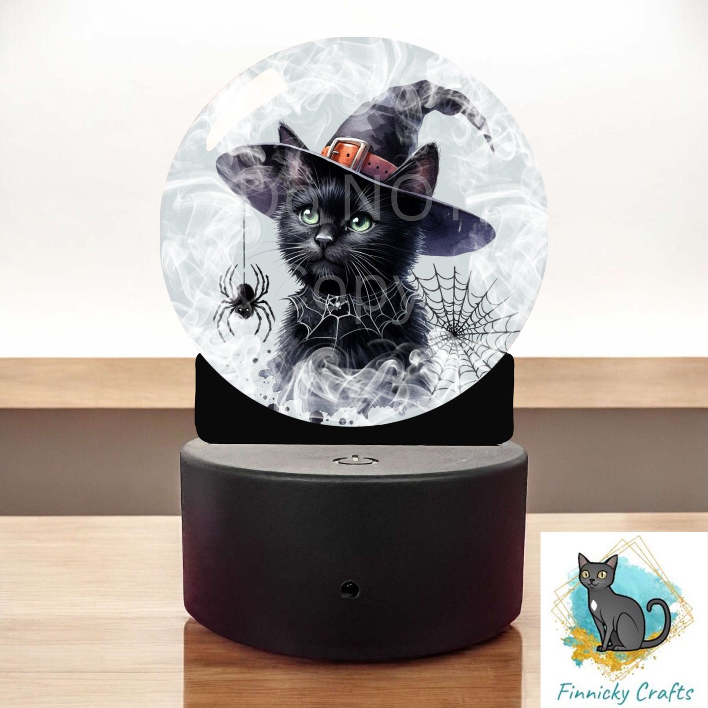 Black Cat Crystal Ball png - Sublimation Designs - Acrylic Light Base - Halloween Decor - Witch's Hat - Spider - Night Light
