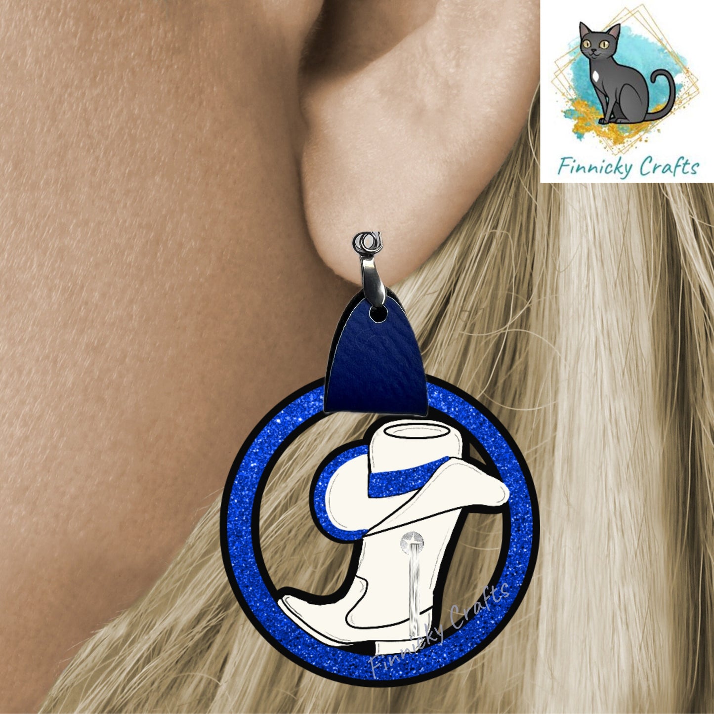 Leather Cowboy Hat & Boot Shape, Drill team, Royal Blue, White, Cute, Sublimation, PNG, Digital Download, Earrings