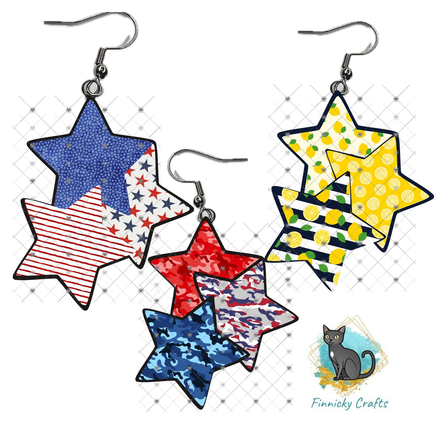3 Star Cluster Earrings Bundle Sublimation, Digital, PNG, Design, Download, Patriotic, Red White Blue, lemons