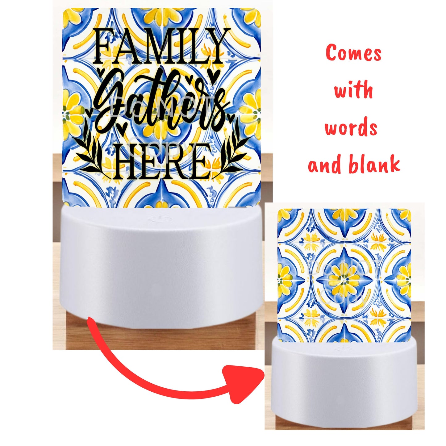 Mediterranean tiles and lemons png - Sublimation Designs - Square Acrylic - Light Base - Home Decor - Night Light - Kitchen - Words & blank