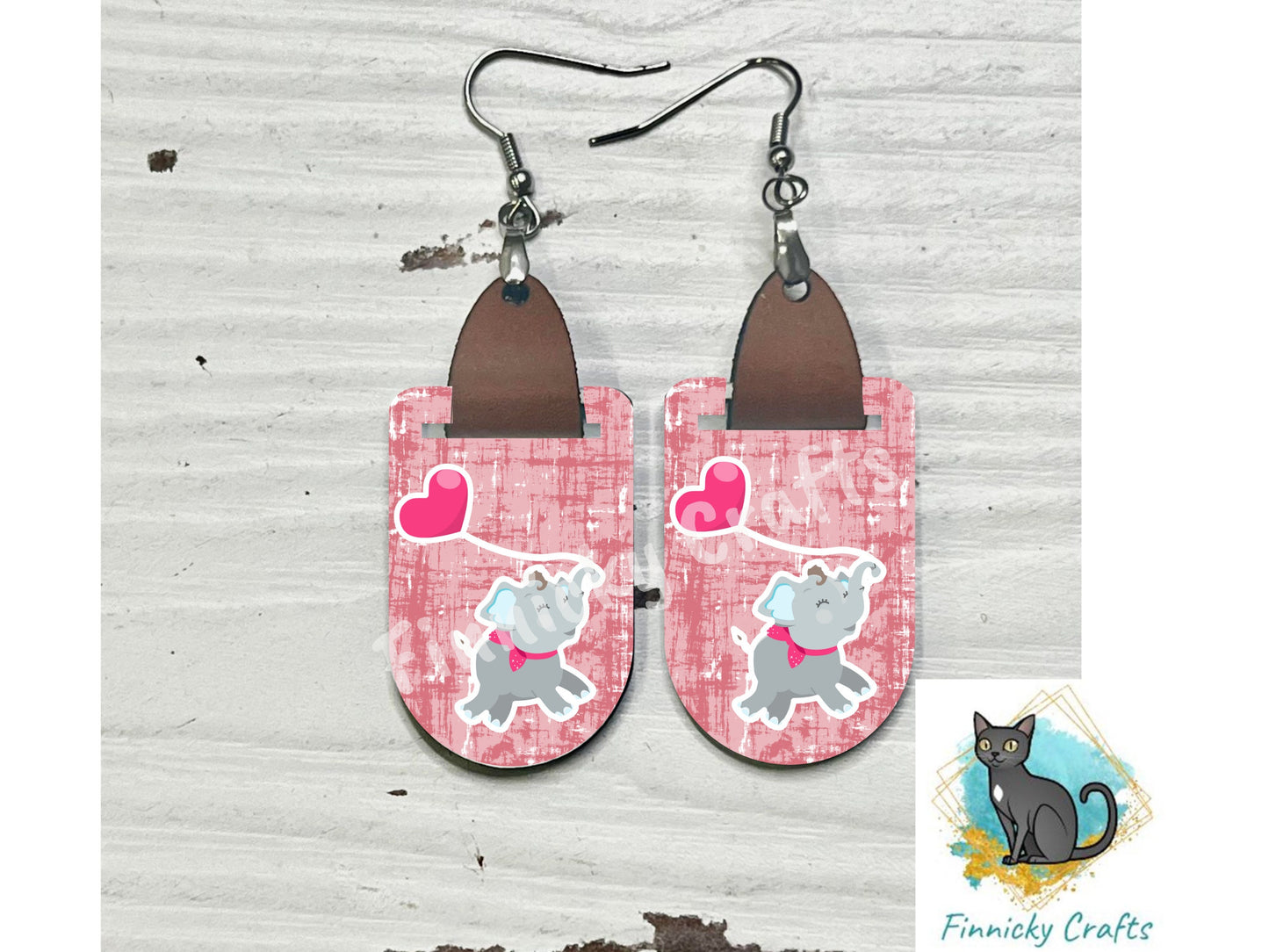 Valentine's Day Elephant Earring PNG Sublimation Design, Oval with Leather, Instant Digital Download, Personal and Commercial Use