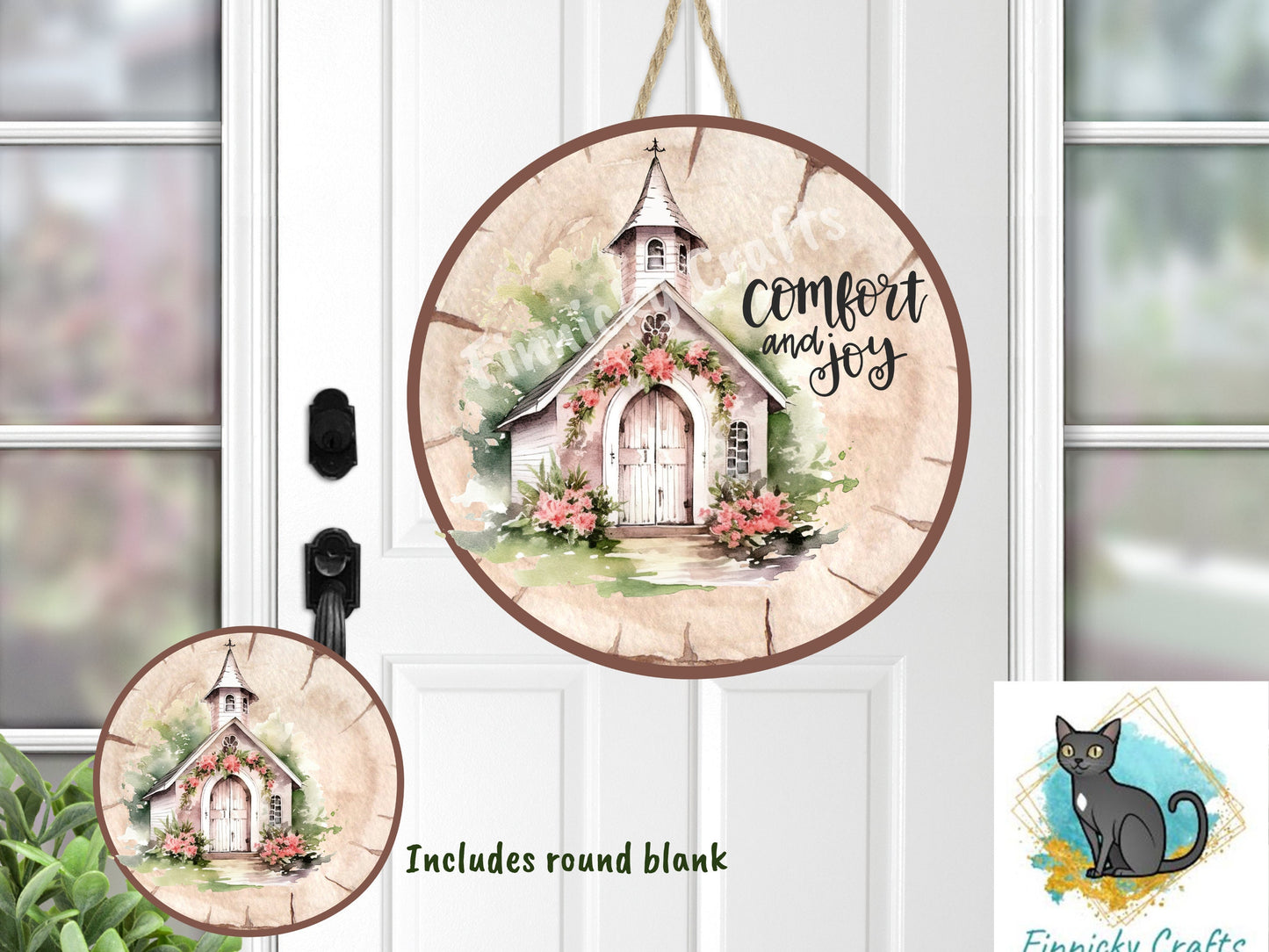Wood Slice/Round Comfort and Joy Church Digital, Christmas, Winter, PNG, Design, Download, Door Hang, Ornament, Sublimation.