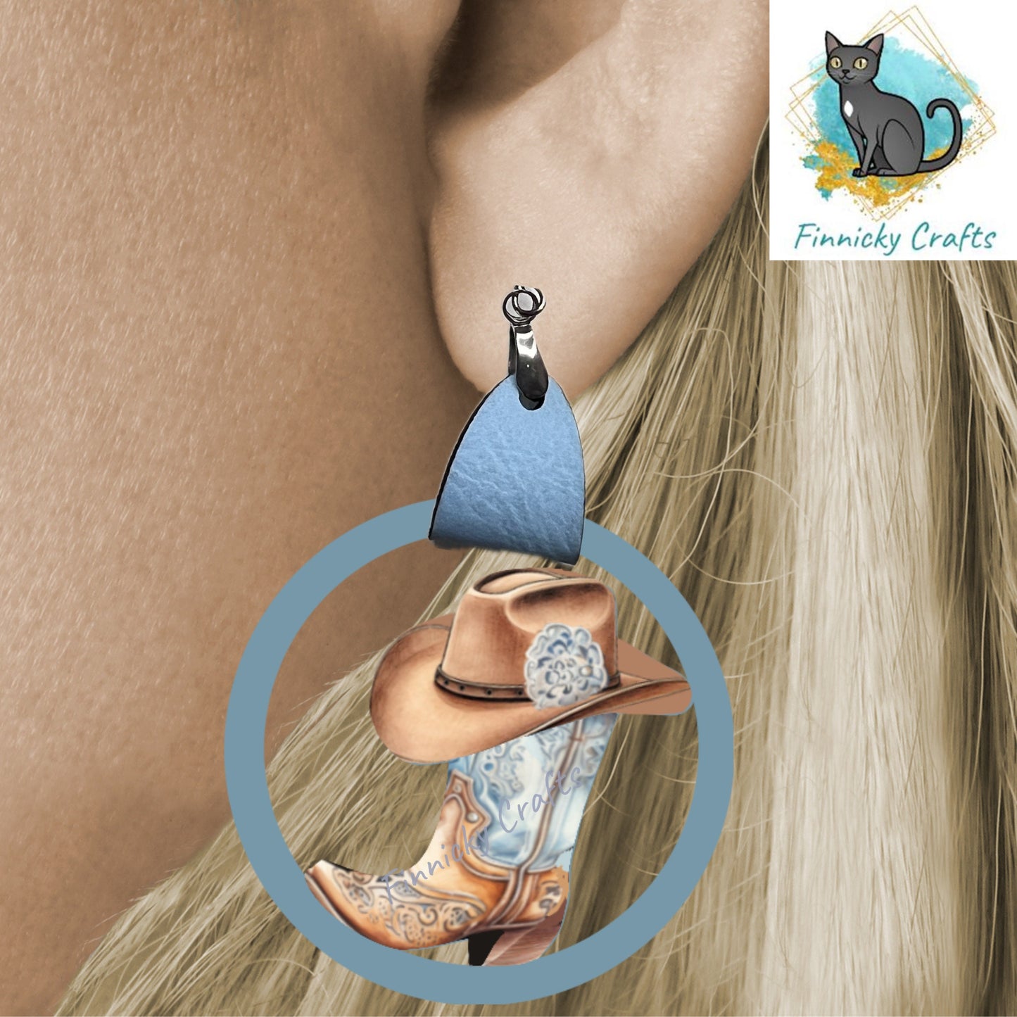 Leather Cowboy Hat & Boot Shape, Western, Jewelry, Patriotic, Rose, Light Blue, Cute, Sublimation, PNG, Digital Download, Earrings