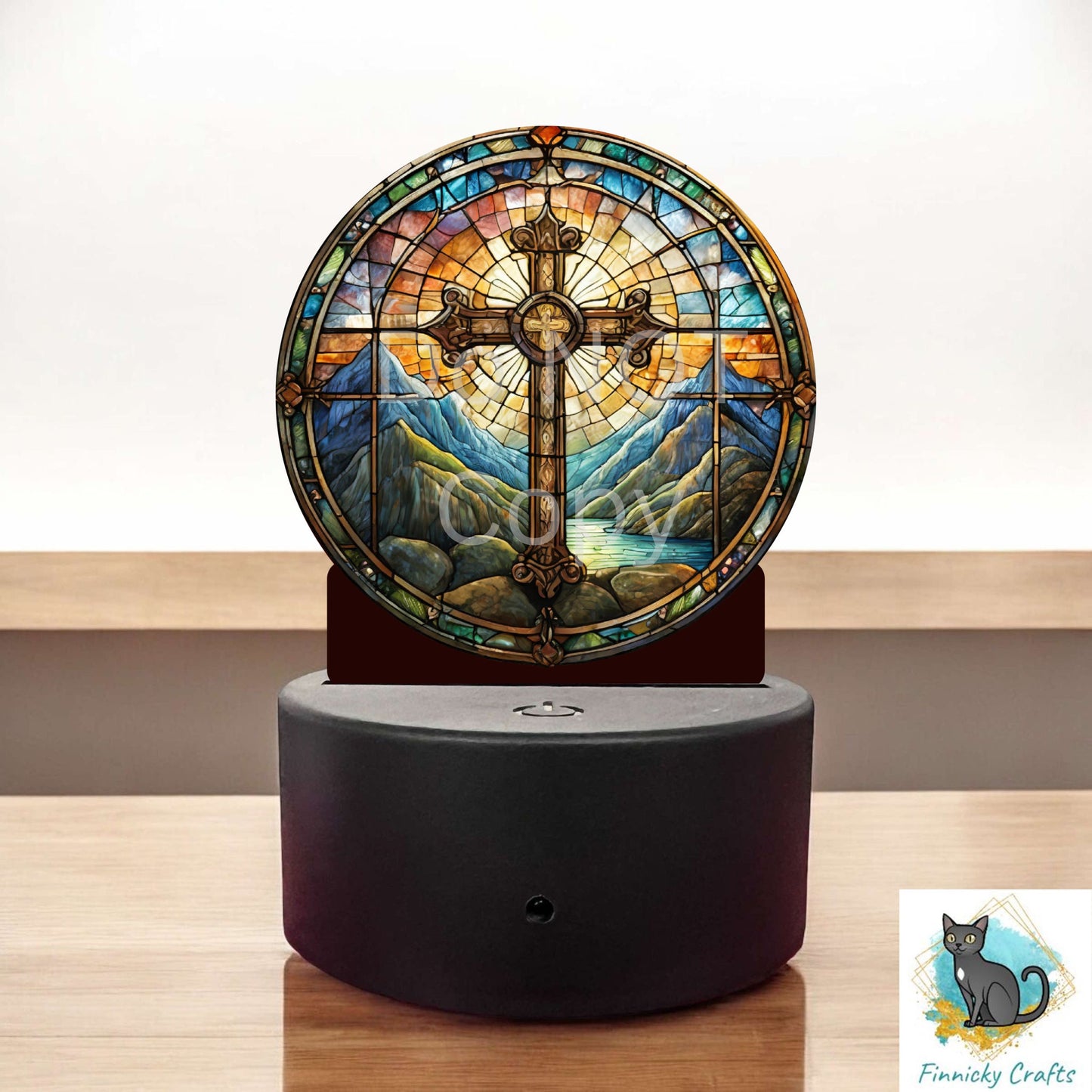 Christmas Stained Glass Cross, Round, Sublimation, Digital, PNG Design, Acrylic, Light Base, Night Light