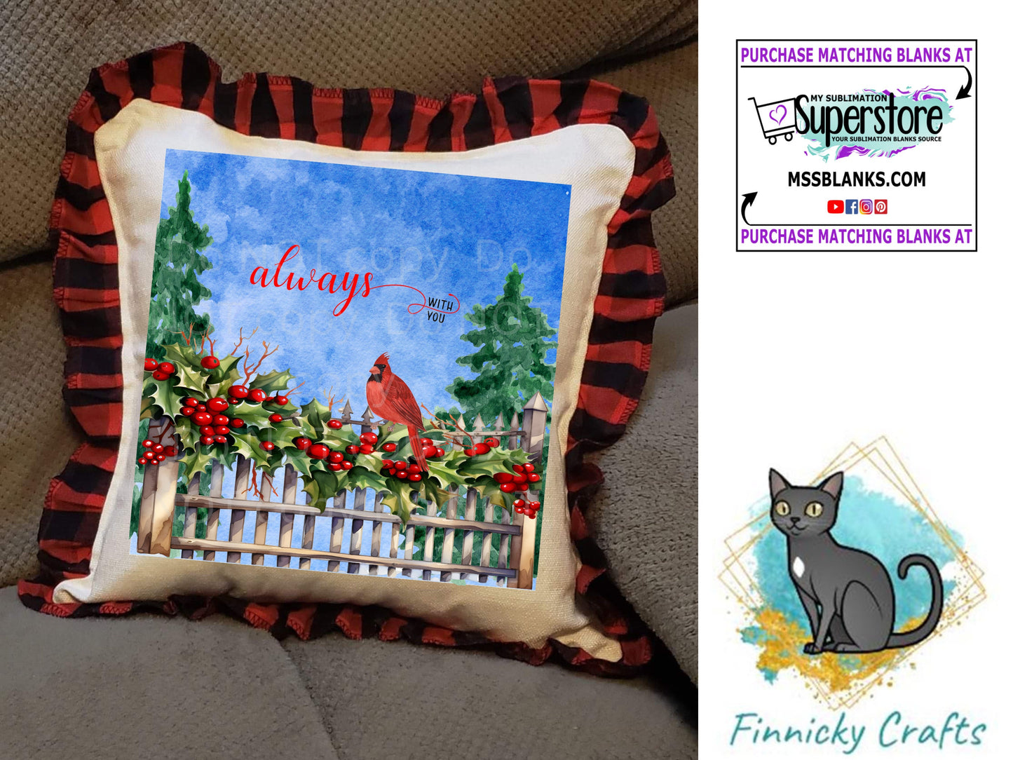 Always with you, Cardinal, Square Christmas Sign PNG, Digital Download for Sublimation, Door Hanger, Earrings, Ornament, Badge Reel, Keyring