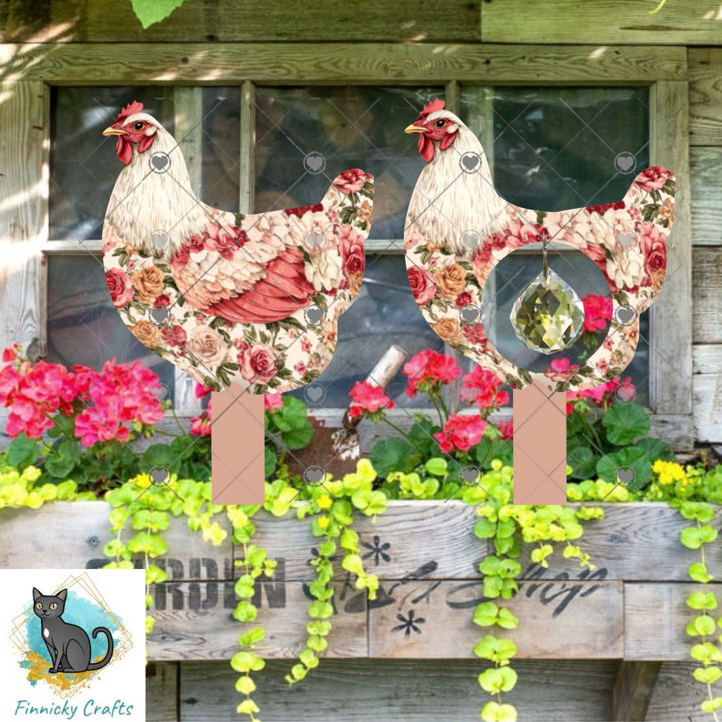 Chicken Floral Garden Stake, garden decor, Sublimation, Design, Summer, MDF, Acrylic, Crystal