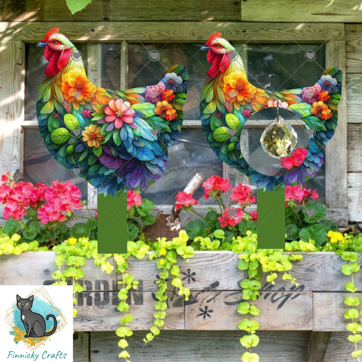 Chicken Floral Garden Stake, garden decor, Sublimation, Design, Summer, MDF, Acrylic, Crystal