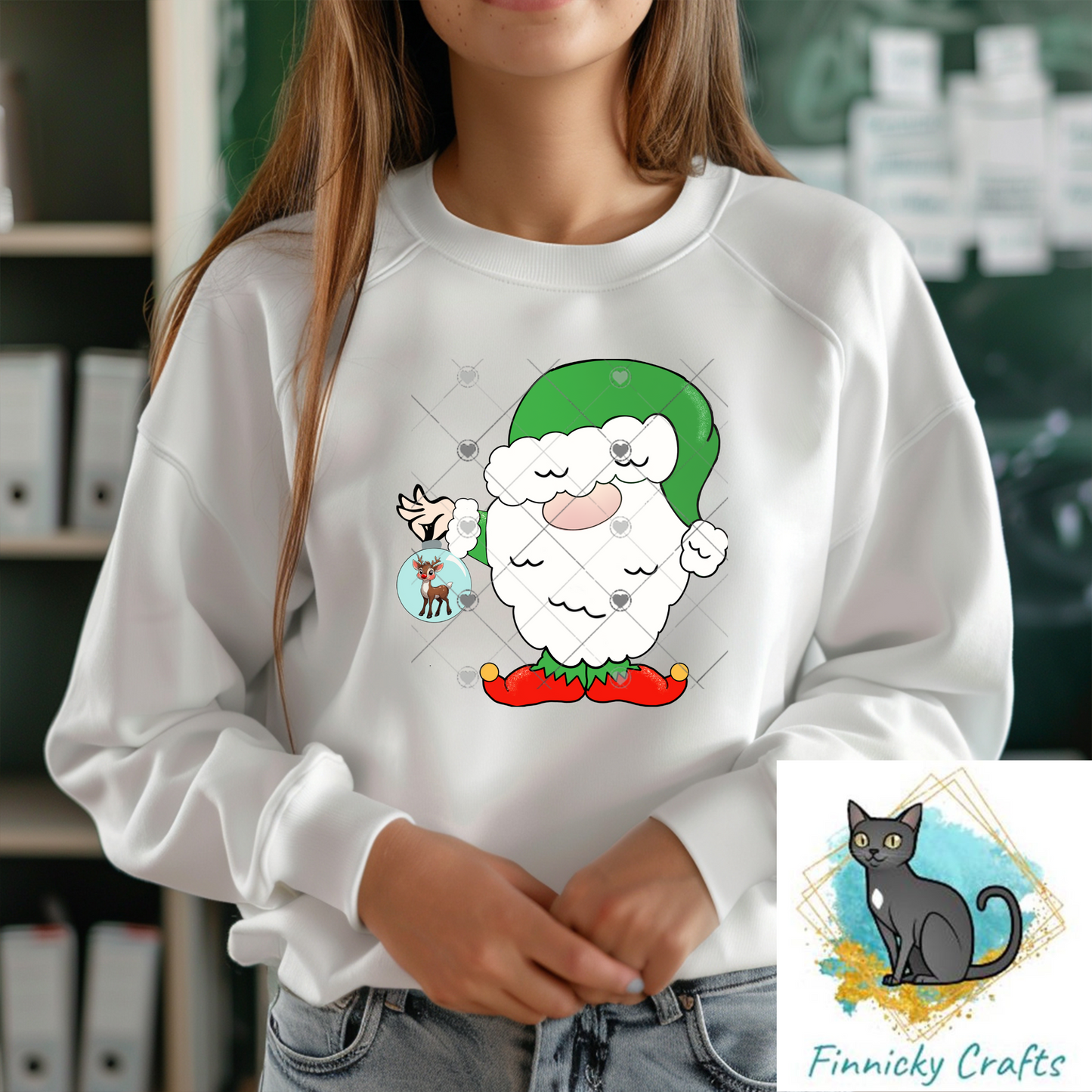 Santa Elf Gnome holding Rudolph Christmas Design png, ornament, sign, sweatshirt
