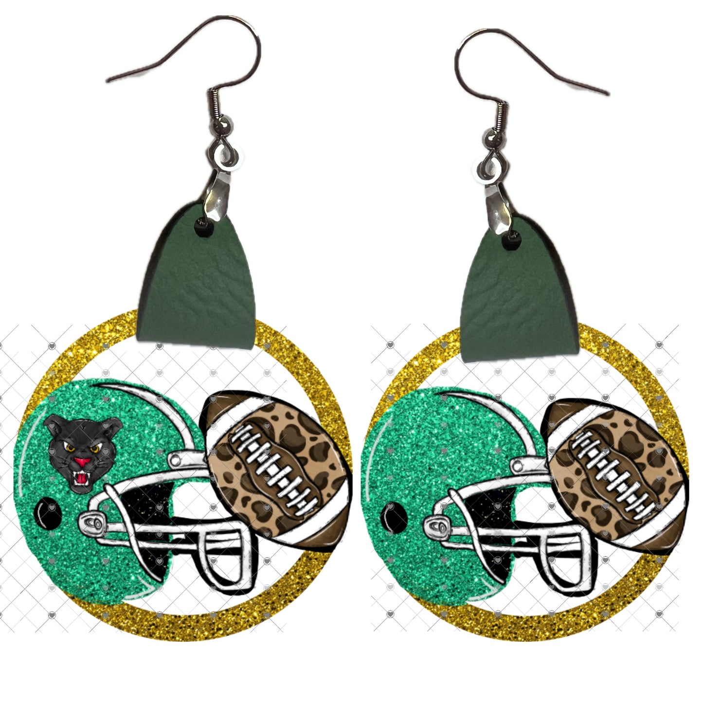 Green Gold Leather Panther Leopard and blank Football Helmet Glitter-look Png Sublimation Designs -Earrings Digital Download