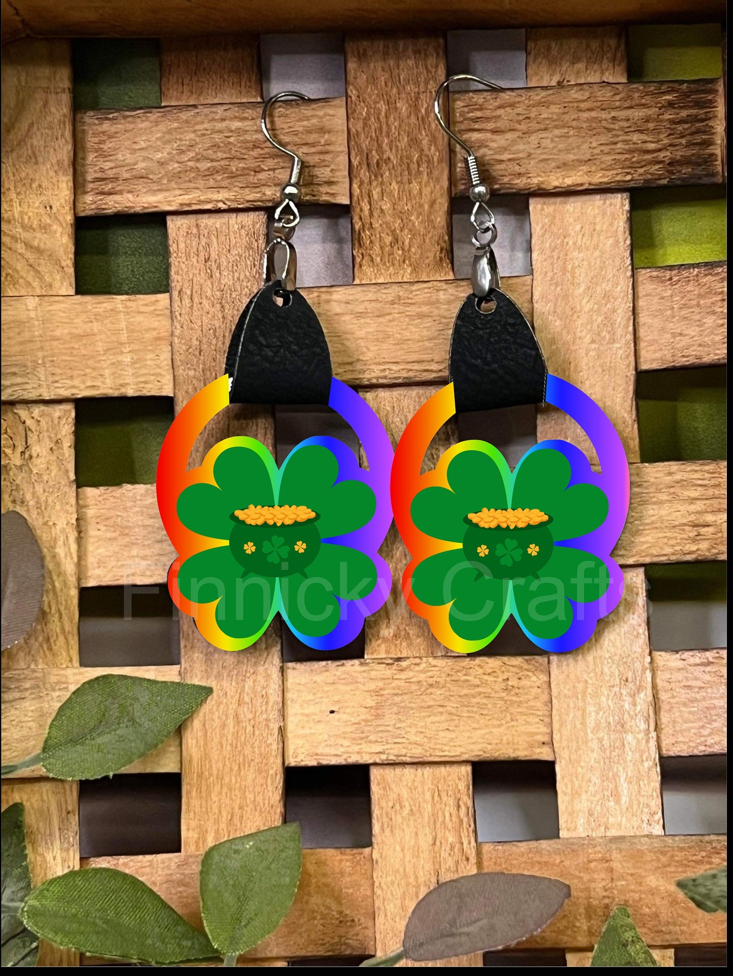 Clover with Leather Earrings, Shamrock, St. Patrick's Day, Gnomes, Rainbow, Gold, Highland Cow, Sublimation, PNG, Digital, Design, Download