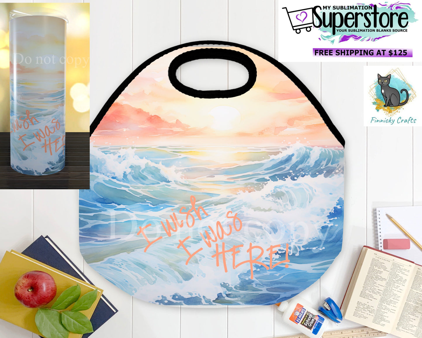 Lunch bag png, beach, wish I was here, summer, straight tumbler wrap, sublimation, png