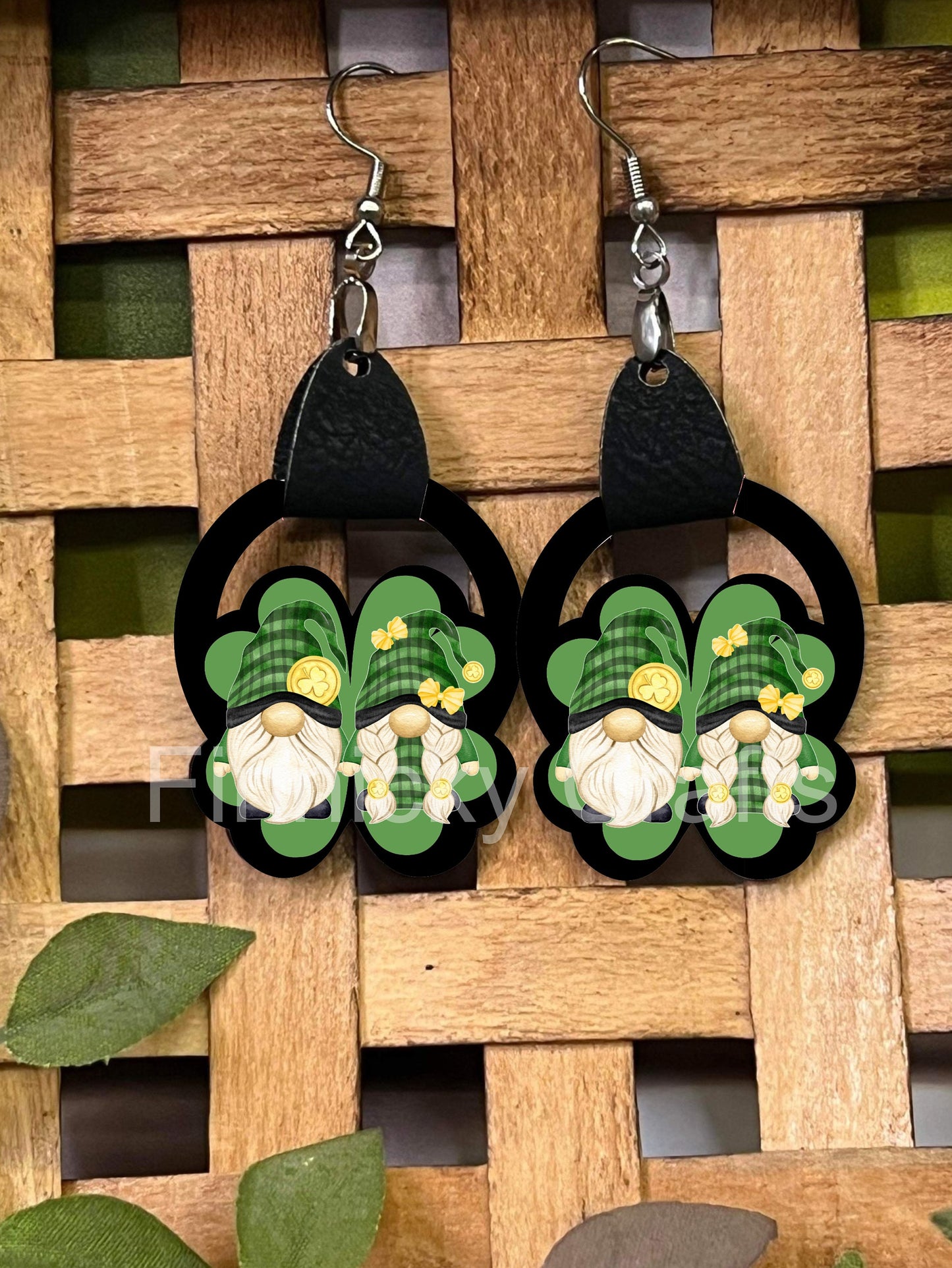 Clover with Leather Earrings, Shamrock, St. Patrick's Day, Gnomes, Rainbow, Gold, Highland Cow, Sublimation, PNG, Digital, Design, Download