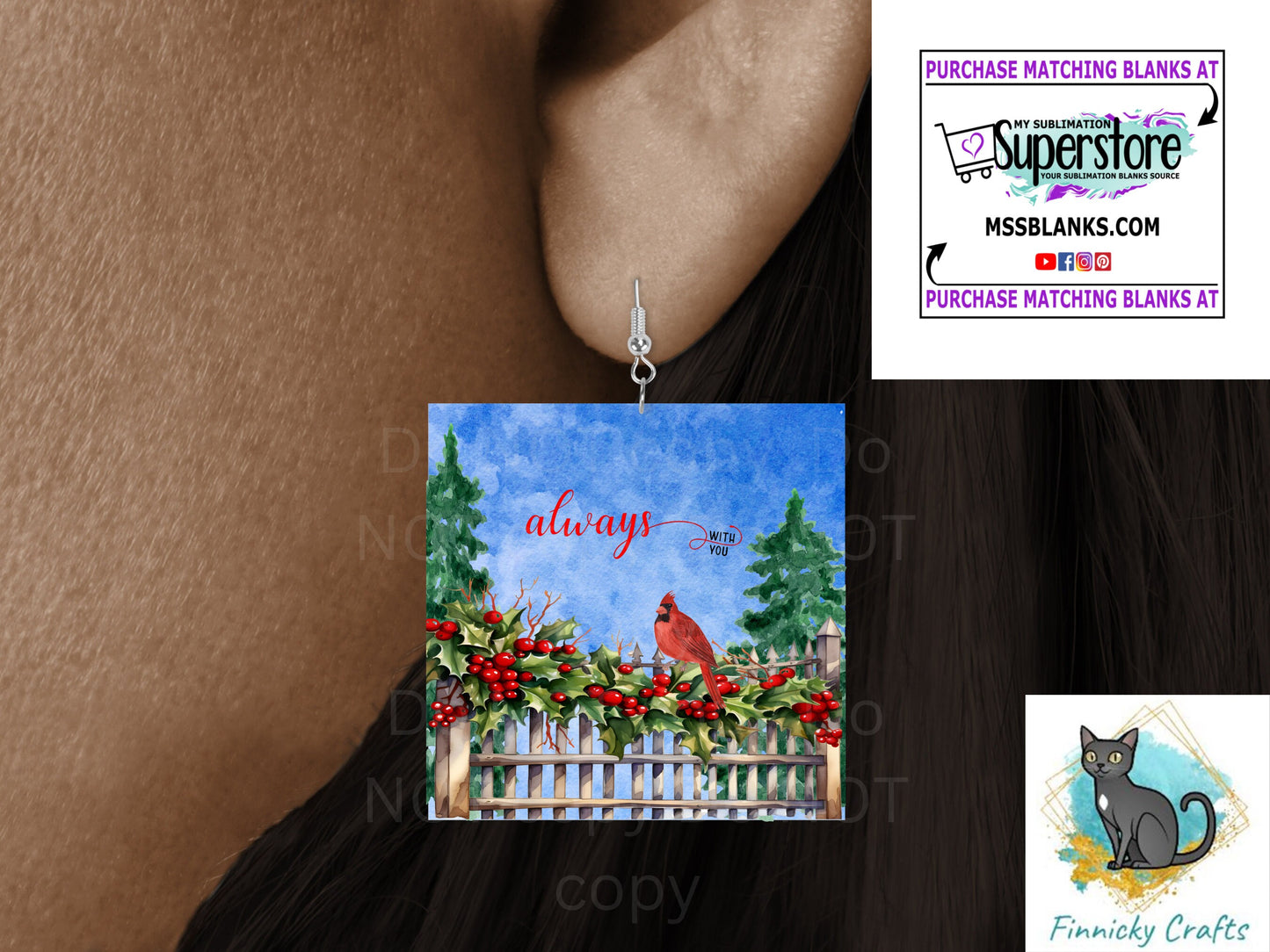 Always with you, Cardinal, Square Christmas Sign PNG, Digital Download for Sublimation, Door Hanger, Earrings, Ornament, Badge Reel, Keyring