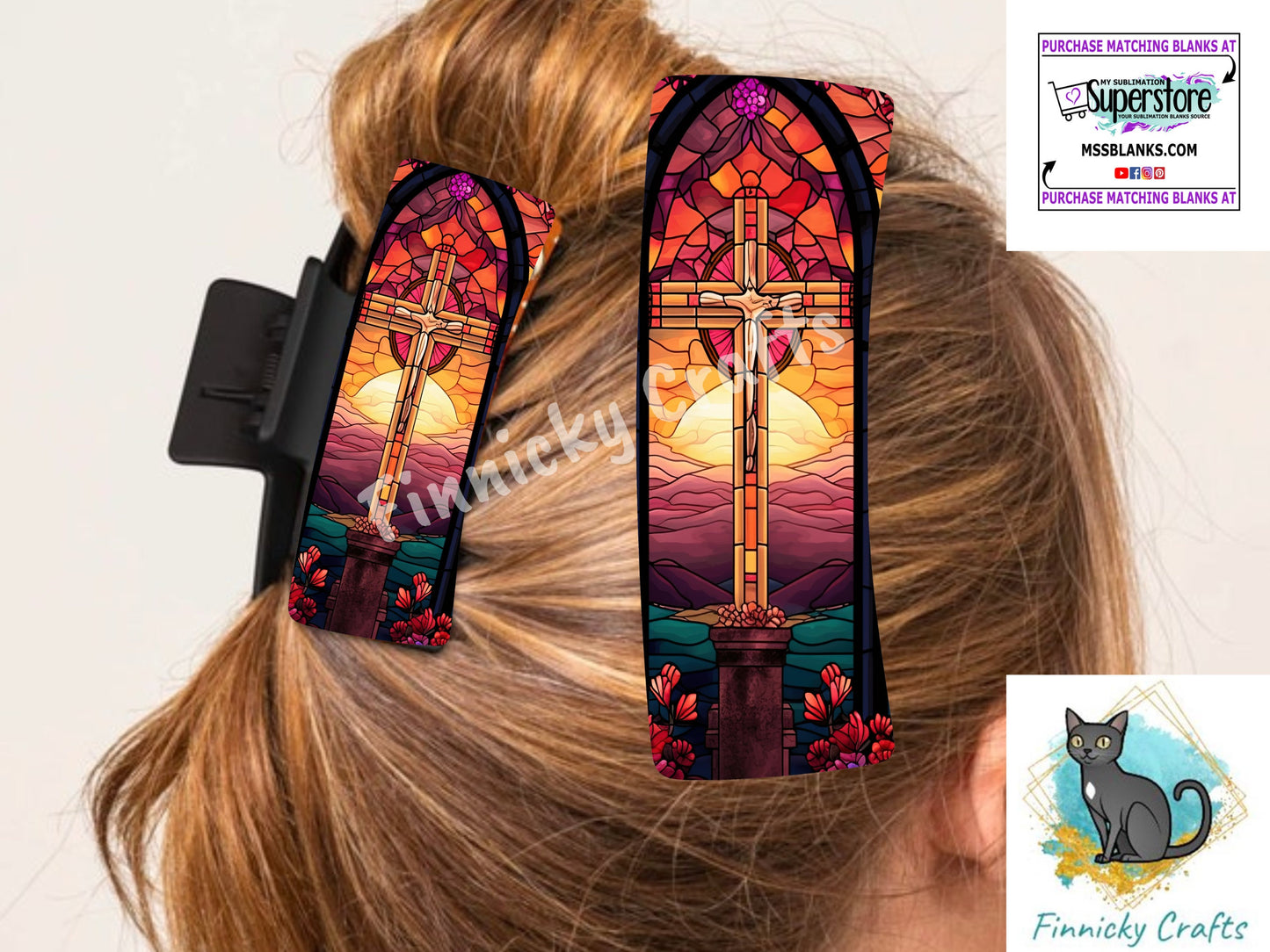 Stained Glass Cross Large hair clip, small hair clip, sublimation, png, digital designs