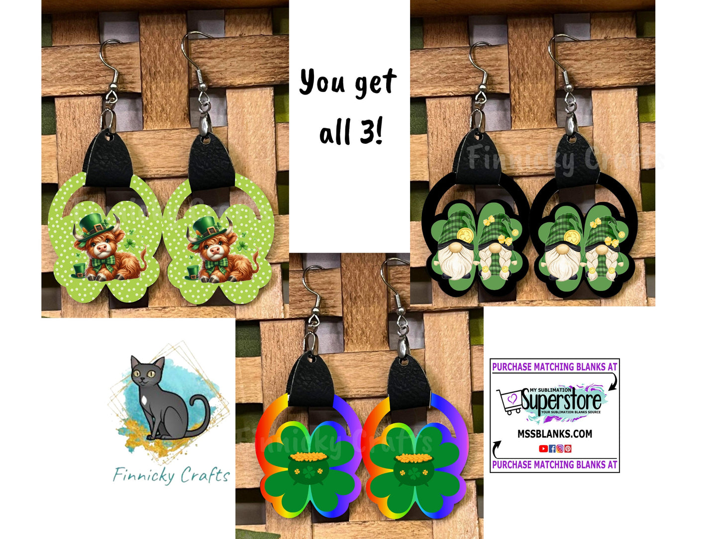 Clover with Leather Earrings, Shamrock, St. Patrick's Day, Gnomes, Rainbow, Gold, Highland Cow, Sublimation, PNG, Digital, Design, Download