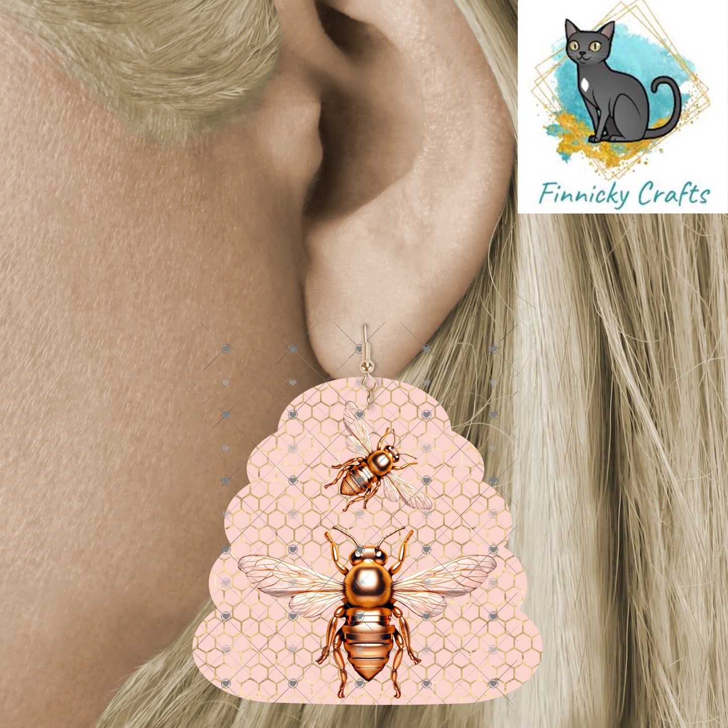 Beehive Shape Earrings Bundle, Rose Gold Bees, PNG File For Sublimation Design, Digital Download, Sign , Keychain / Badge Reel Sublimation