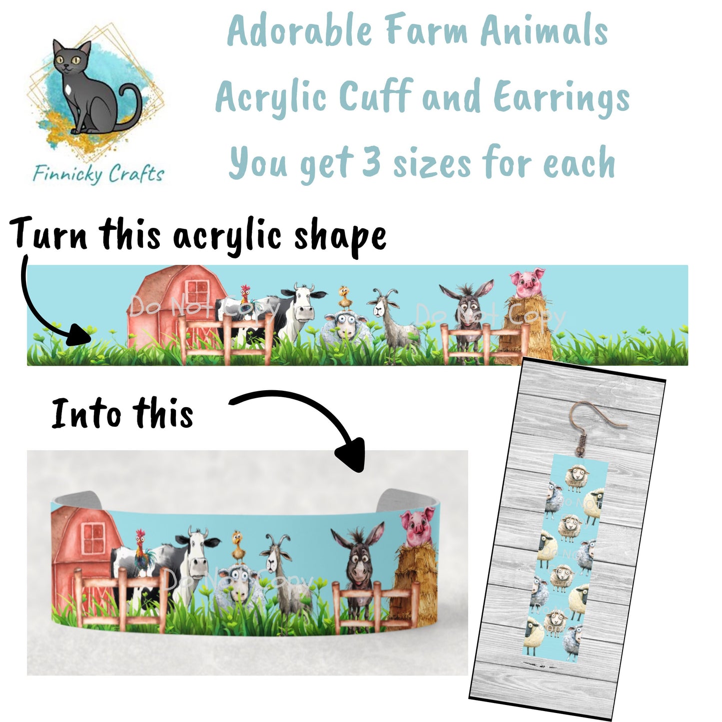 Adorable Farm Animals, Bracelet Cuff Sublimation Designs - Small, Medium, Large PNG files - Bonus Sheep Earrings