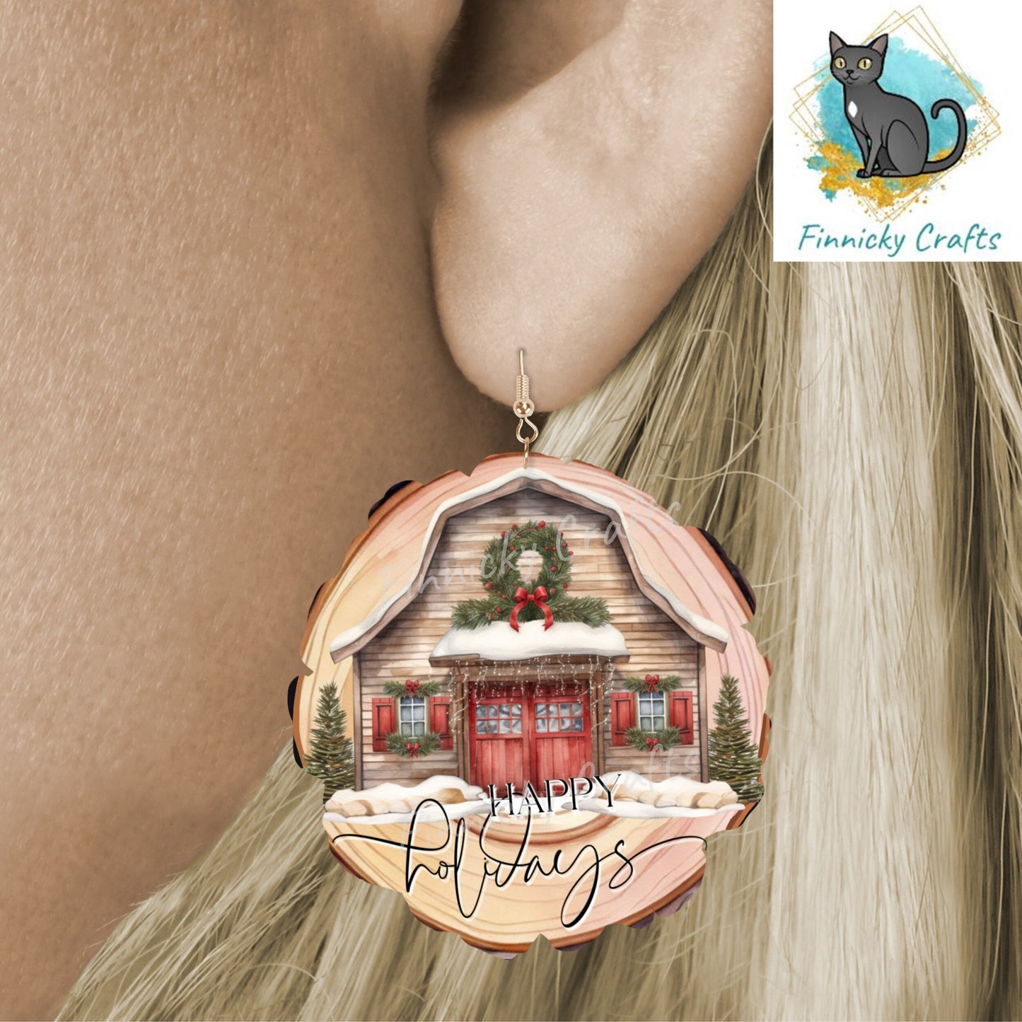Wood Slice Happy Holidays , Christmas, Winter, PNG, Design, Download, Door Hang, Ornament, Sublimation, Acrylic, MDF, DTF, earrings, sign.