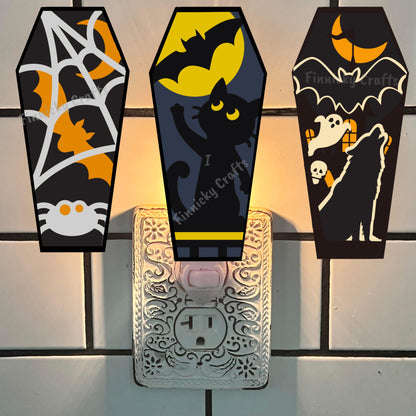 Halloween Fall Autumn Sublimation Digital Design Bundle - Coffin, Black Cat, Spider, Wolf, PNG, Bag charms, Night Light, earrings, sign