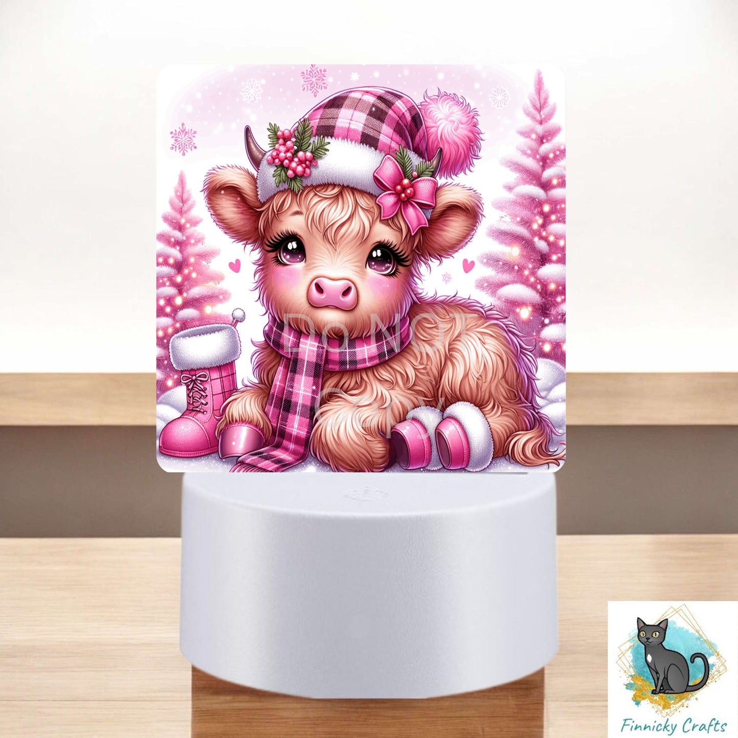 Christmas Pink Highland Cow, Red Truck, Sign, Sublimation, Digital, PNG, Design, Acrylic, Nightlight, Light Base