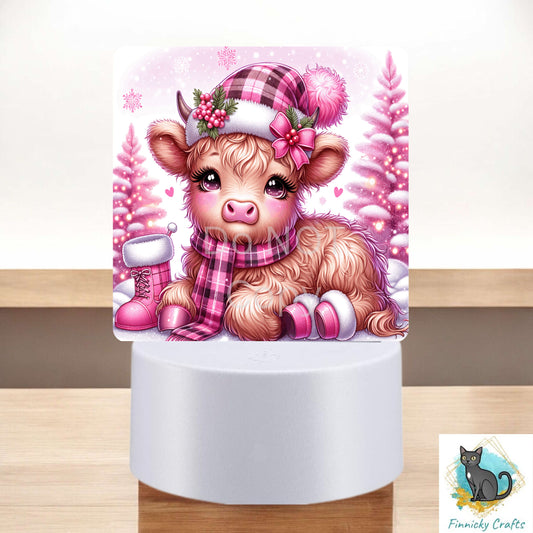 Christmas Pink Highland Cow, Red Truck, Sign, Sublimation, Digital, PNG, Design, Acrylic, Nightlight, Light Base
