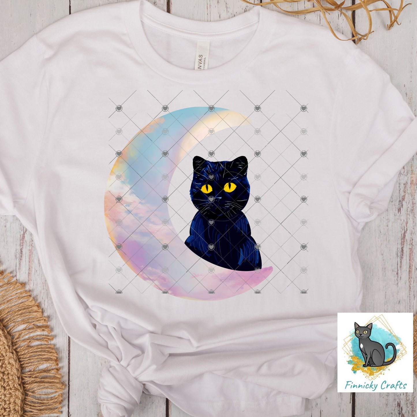 Moon Cat - Black Cat - Crescent Moon - 2 versions (Welcome & Blank) - Earrings - Signs - Design - PNG - T-shirts - DTF and Sublimation