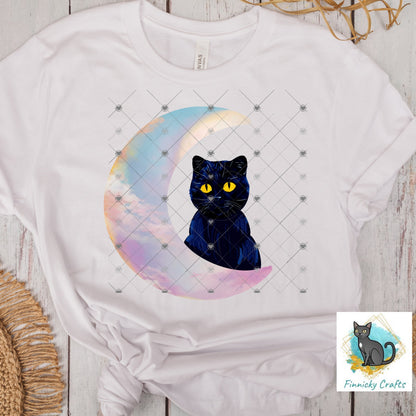 Moon Cat - Black Cat - Crescent Moon - 2 versions (Welcome & Blank) - Earrings - Signs - Design - PNG - T-shirts - DTF and Sublimation