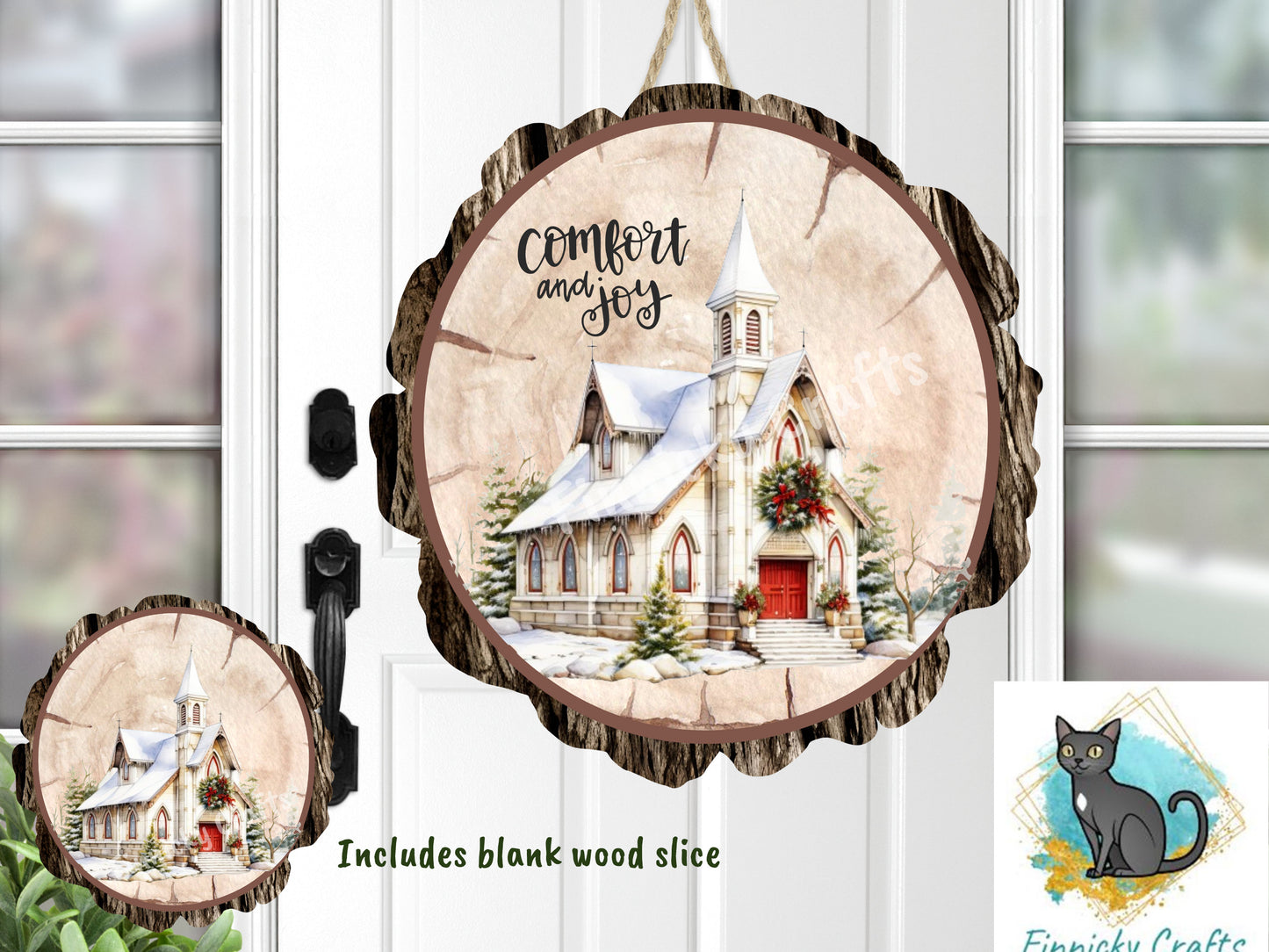 Wood Slice/Round Comfort and Joy Church Digital, Christmas, Winter, PNG, Design, Download, Door Hang, Ornament, Sublimation.