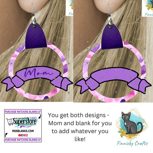 Customizable, Purple, Mom, Mother's Day, Leather Ribbon Earrings PNG, Earring Design, Sublimation Leather Earring.