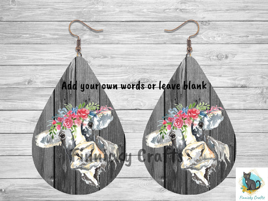 Customizable Black and White Floral Cow Teardrop Shape png - Earring Png - Teardrop Download