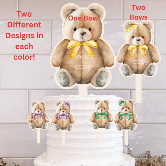 Teddy Bear with bows Cake Topper Bundle - 6 designs total -  Sublimation Design - green, purple, yellow png, Acrylic Sublimation, decoration