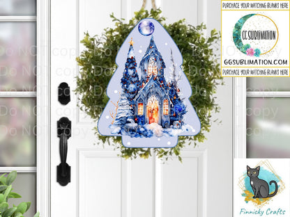 Chubby Tree Blue Winter Scene  PNG Sublimation Designs - Christmas Tree Earrings Instant Digital Download- Holiday Door or Wreath Hanger