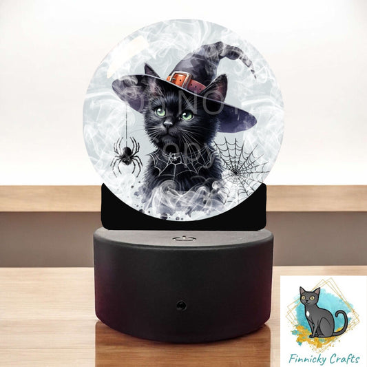 Black Cat Crystal Ball png - Sublimation Designs - Acrylic Light Base - Halloween Decor - Witch's Hat - Spider - Night Light