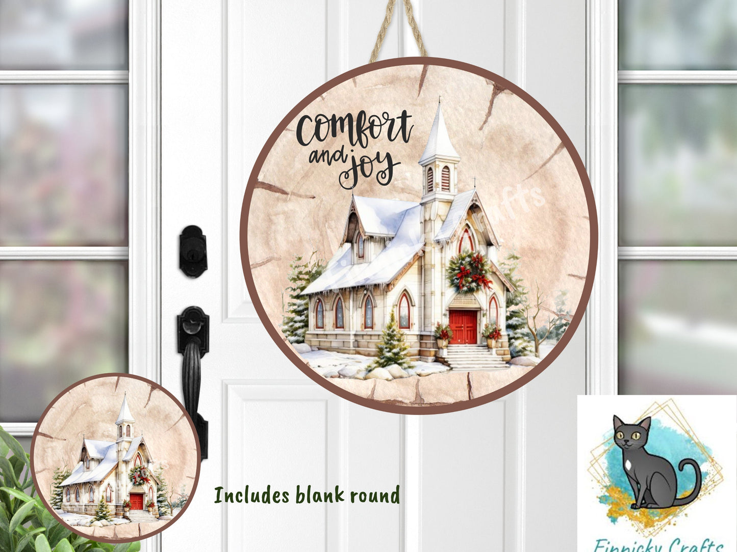 Wood Slice/Round Comfort and Joy Church Digital, Christmas, Winter, PNG, Design, Download, Door Hang, Ornament, Sublimation.
