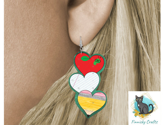 Teacher Trio heart, Apple, Paper, Pencil, Earrings PNG, Sign PNG,  Sublimation Design, Digital Download, Teacher gift