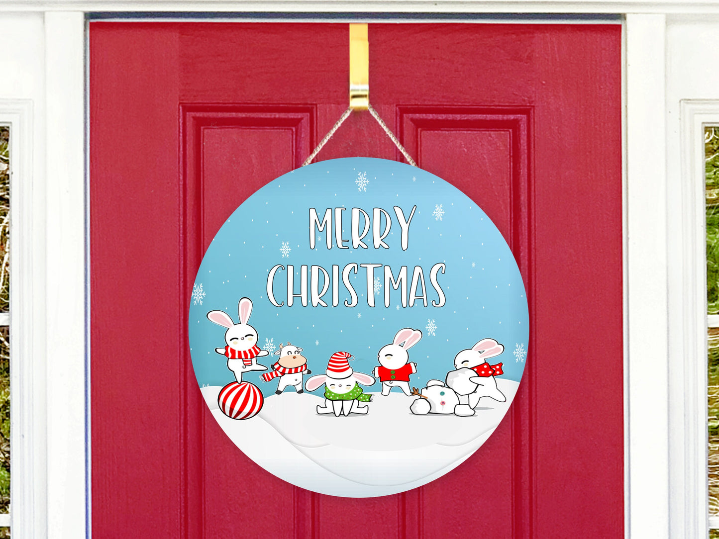 Merry Christmas Rabbits and Cow Round Sign - T-shirt - Hat - Pillow - Apron - Coaster - Cup - Bag - Ornament Design - Digital Download