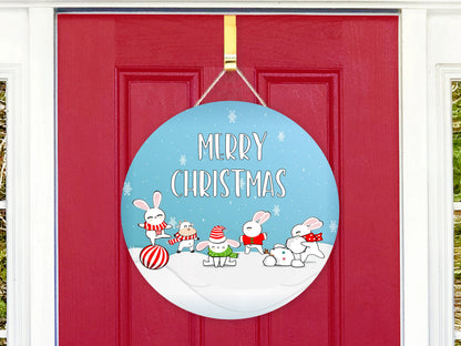 Merry Christmas Rabbits and Cow Round Sign - T-shirt - Hat - Pillow - Apron - Coaster - Cup - Bag - Ornament Design - Digital Download