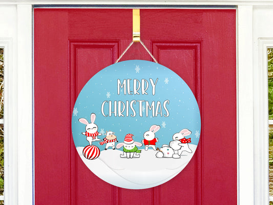 Merry Christmas Rabbits and Cow Round Sign - T-shirt - Hat - Pillow - Apron - Coaster - Cup - Bag - Ornament Design - Digital Download