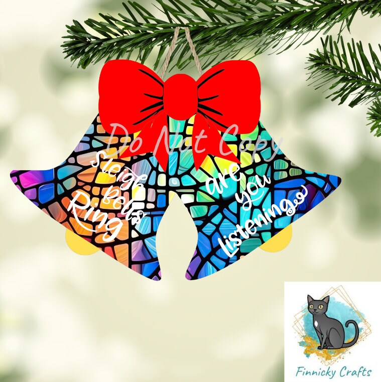 Christmas Bells, Sleigh Bells, Stained Glass, Sublimation, Digital, PNG, Design, Download Only, Ornament, Decoration, Sign, earrings