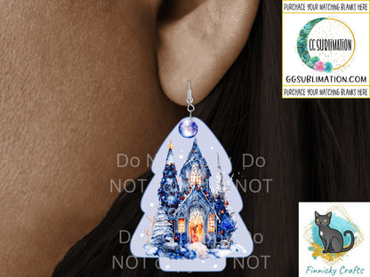 Chubby Tree Blue Winter Scene  PNG Sublimation Designs - Christmas Tree Earrings Instant Digital Download- Holiday Door or Wreath Hanger