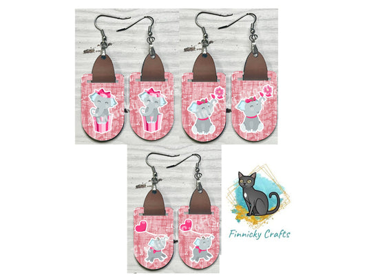 Valentine's Day Elephant Earring PNG Sublimation Design, Oval with Leather, Instant Digital Download, Personal and Commercial Use