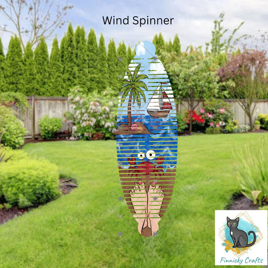 Beach, Summer, Relaxation, Sailboat, Island, Palm trees, crab, bare feet, Long Oval Wind Spinner Design png