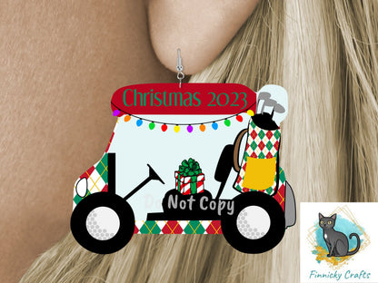 Christmas Golf Cart, Sublimation, PNG, Digital Download, Earrings, Door Hanger, Decoration, Ornament