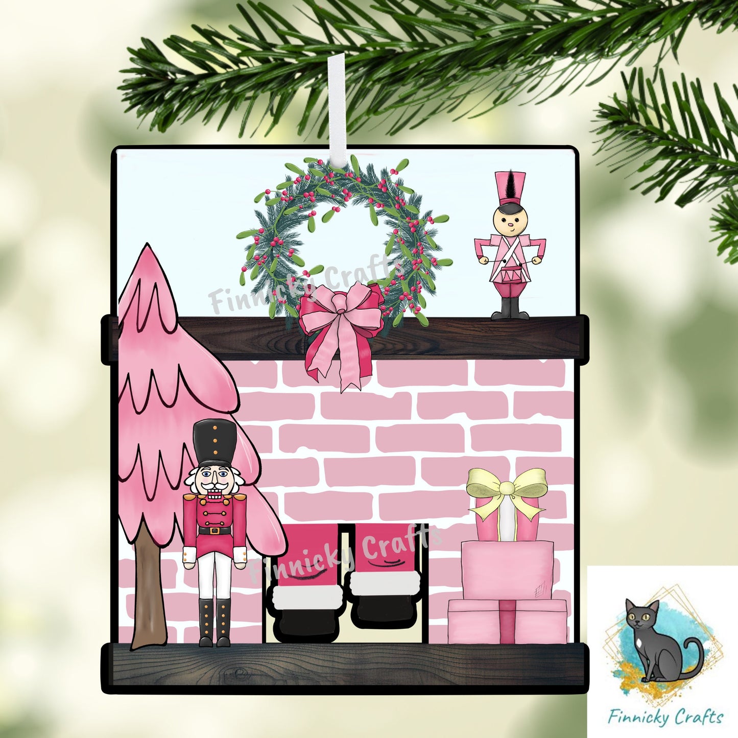 Pink Santa Fireplace - Ornament, Nightlight,  Sublimation, Digital, PNG, Design, Download, Presents, Nutcracker, Drummer.