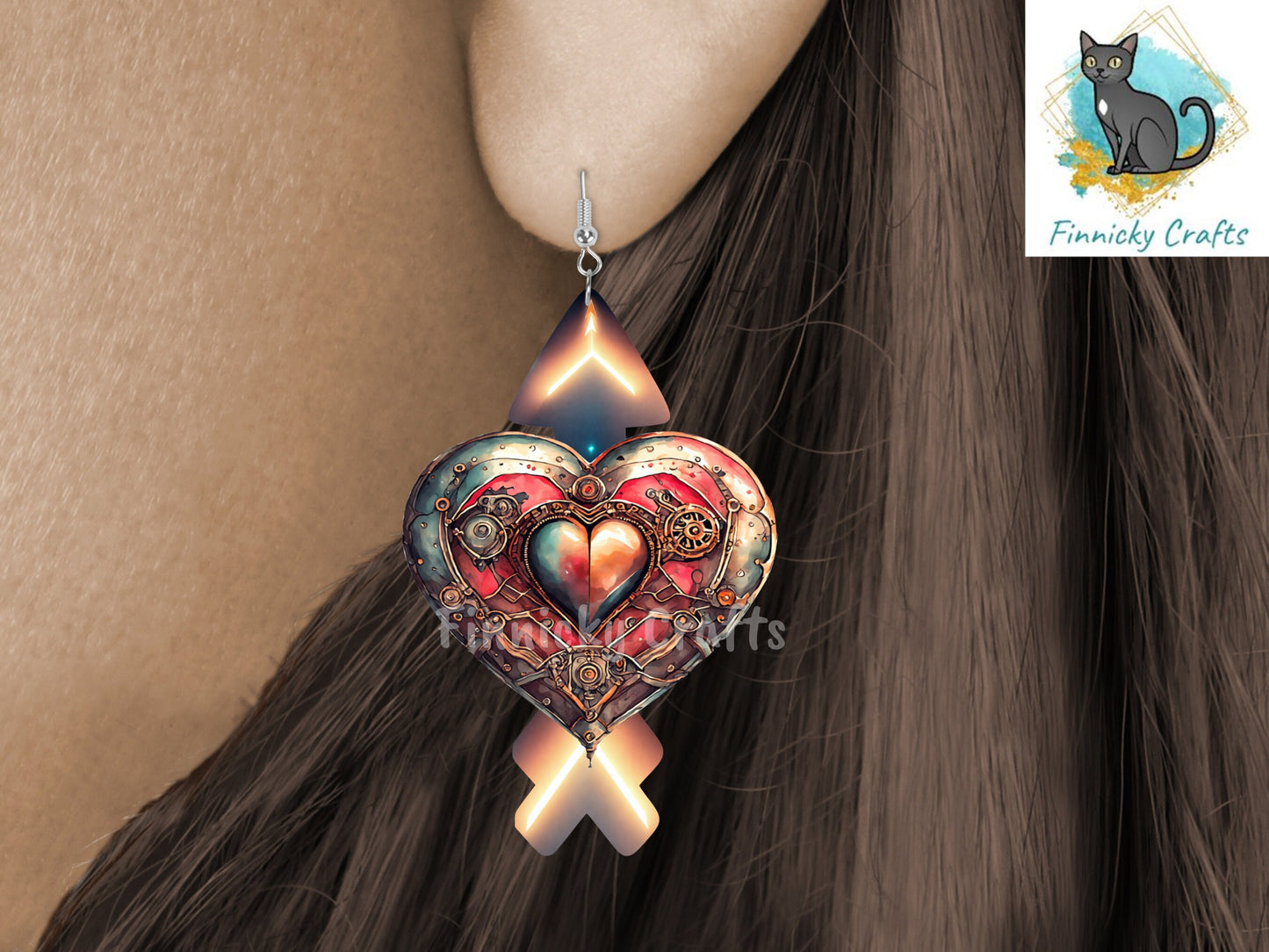 Steampunk Heart with Arrow Earrings, Sublimation, Digital, PNG, Design, Download
