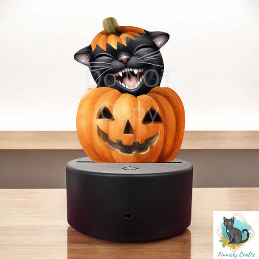 Black Cat in Pumpkin png - Sublimation Designs - Acrylic Light Base - Halloween Decor - Laughing Cat, Jack O'Lantern Night Light