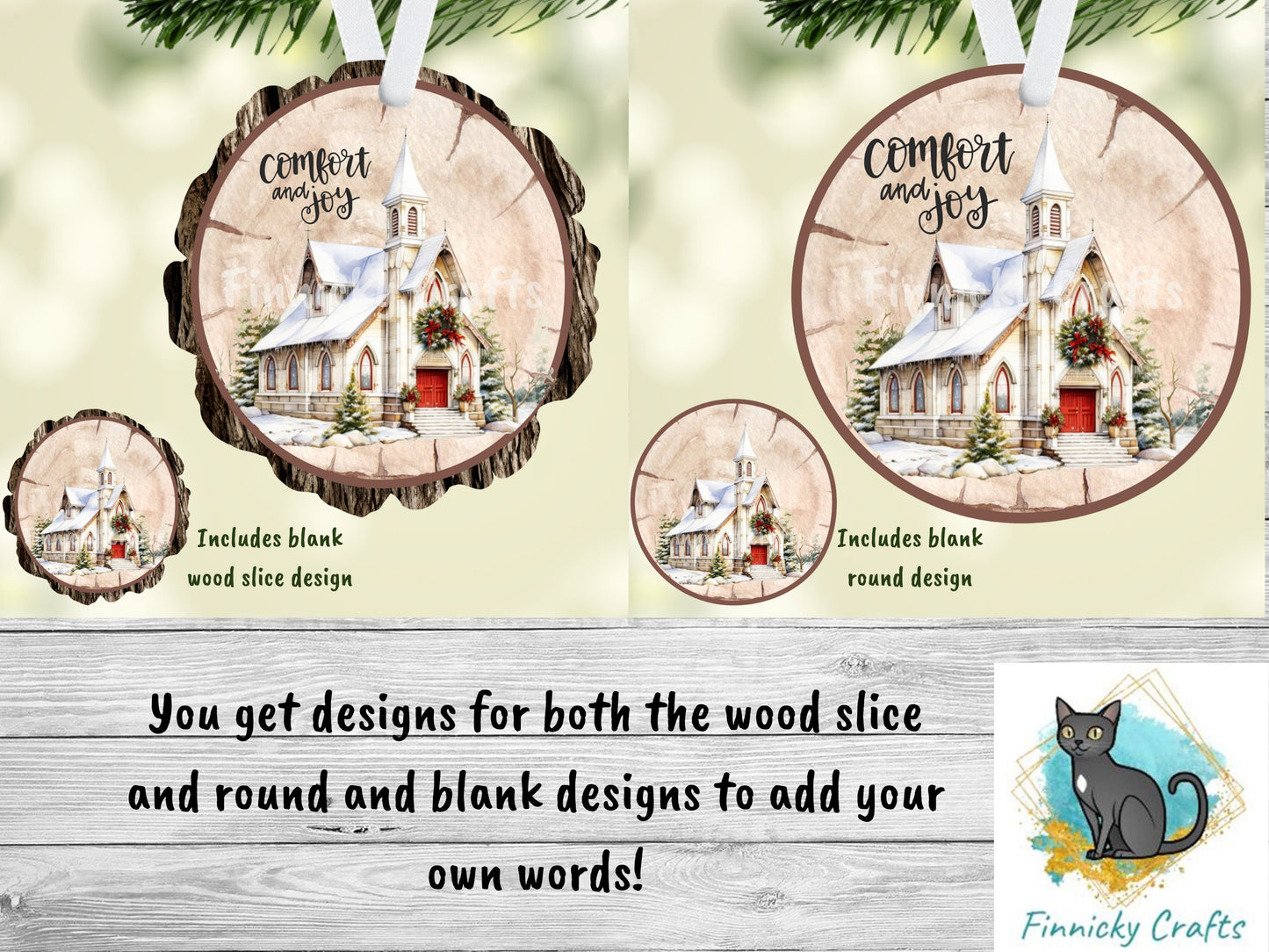Wood Slice/Round Comfort and Joy Church Digital, Christmas, Winter, PNG, Design, Download, Door Hang, Ornament, Sublimation.